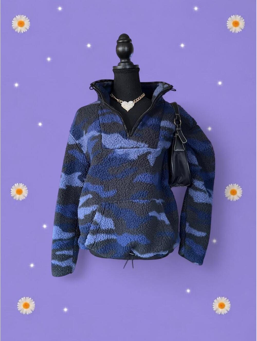 Vintage Y2K PINK Camo Sherpa Quarter Zip Pullover size small 💙
